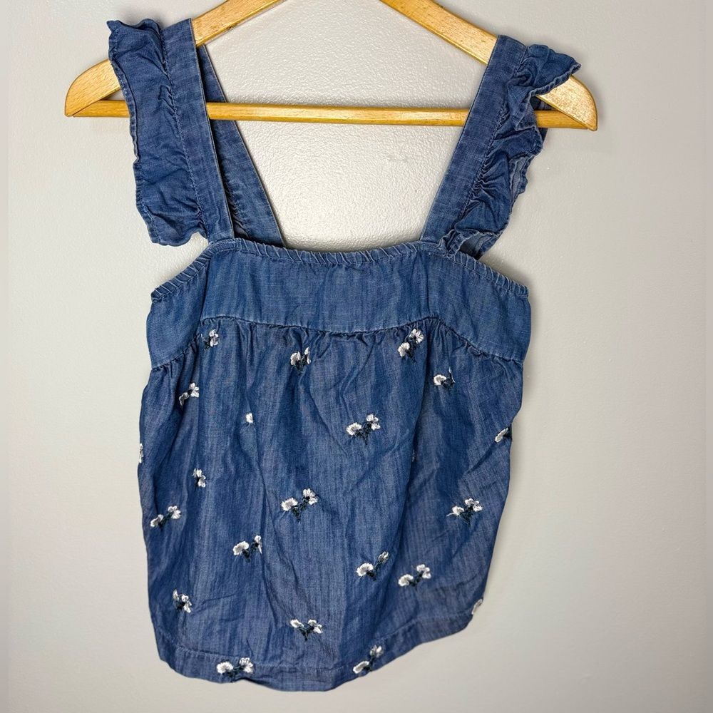 Harper Heritage Denim Ruffled Tank Top with Floral Embroidery | M